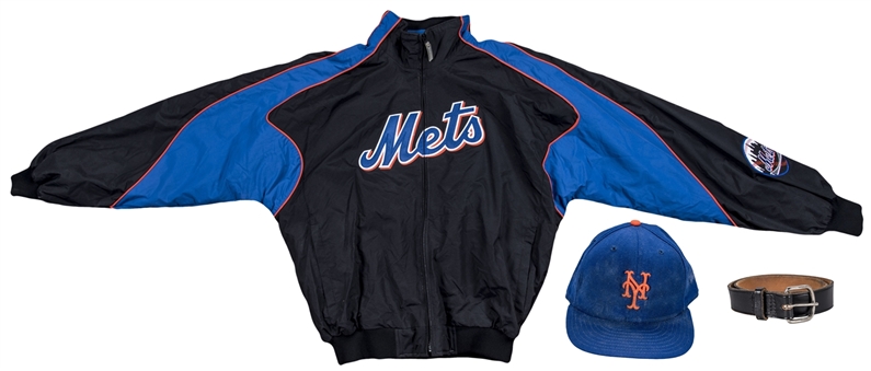 Lot of (3) Jose Reyes Game Used New York Mets Heavy Jacket, Cap & Belt (Mets-Steiner & MLB Authenticated)